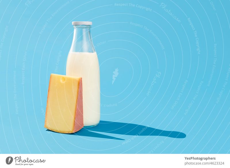 Milch und Käse auf blauem Tisch. Schweizer Käse und Flasche Milch Hintergrund Getränk Frühstück hell Kalzium Sauberkeit Nahaufnahme Farbe Kuh Küche ausschneiden