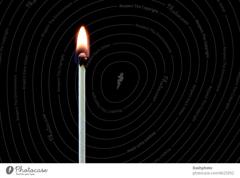 Aufrechtes beleuchtetes Streichholz auf schwarzem Hintergrund brennend gezündet Zündung Holz hölzern Nutzholz Single einziges Spiel Flamme Streichholzkopf