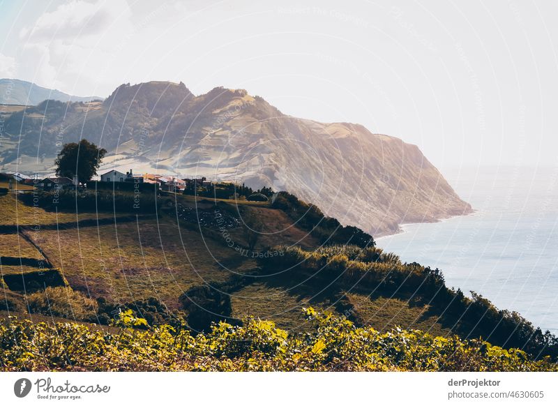 Panoramablick auf den Azoren mit Küste Zentralperspektive Starke Tiefenschärfe Sonnenlicht Reflexion & Spiegelung Kontrast Schatten Textfreiraum Mitte