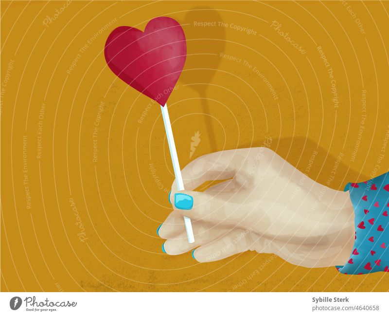 Frau hält Hand aus herzförmigen Lutscher Herz Lollipop herzförmiger Lutscher Liebe Valentinstag Verliebtheit Romantik Liebesbekundung Gefühle Liebesgruß