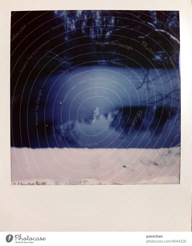 polaroid zeigt schnee vor einem teilweise zugefrorenen see. eis und wasser. winter tümpel teich kälte natur baum spiegelung Frost Außenaufnahme