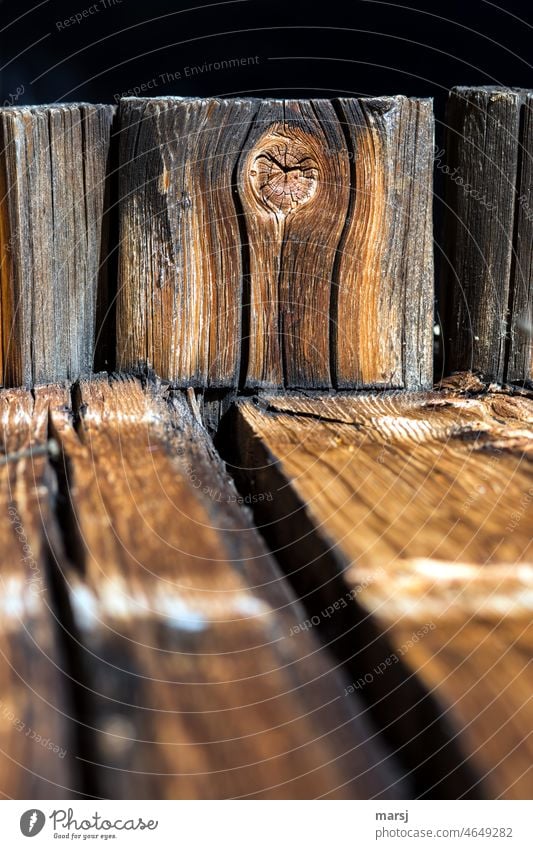 Astloch in Blockbohlen einer Almhütte. Holzmaserung Patina Maserung Farbfoto braun Strukturen & Formen abstrakt alt verwittert Detailaufnahme natürlich