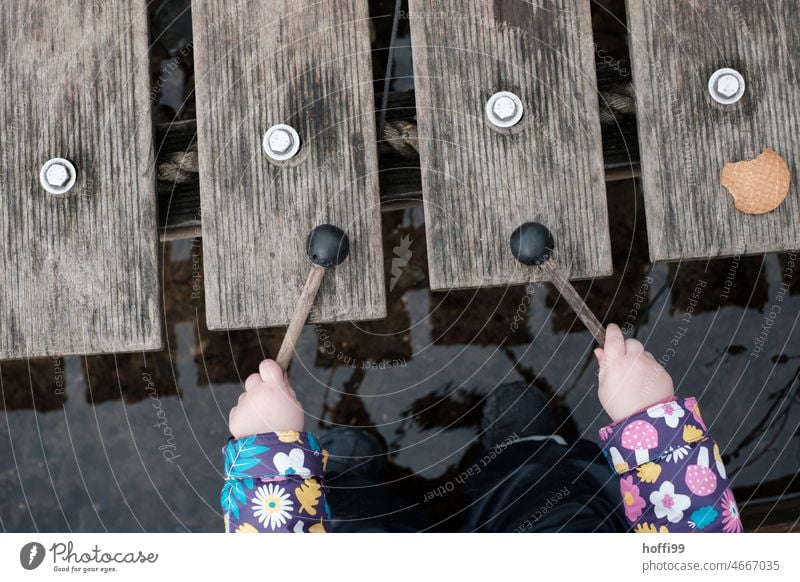ein Kind spielt Xylophon auf einem Steg - der Keks wartet schon Musik musik machen Musiker Musikpädagogik Klang Musikinstrument musizieren Impovisation