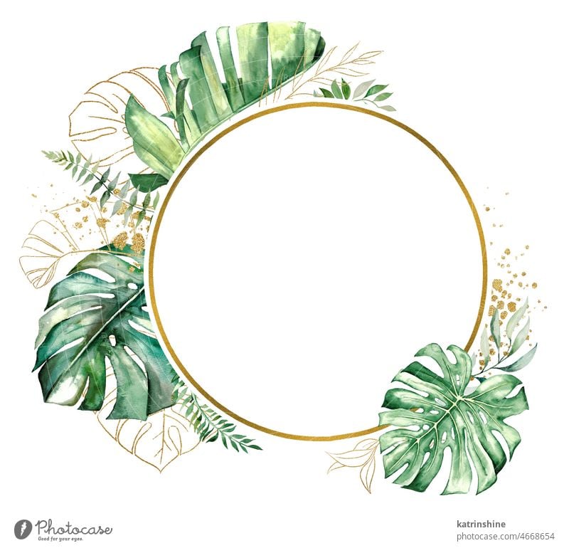 Goldener Rahmen mit grünen und goldenen Aquarell tropische Blätter Illustration botanisch Dekoration & Verzierung exotisch Laubwerk handgezeichnet vereinzelt