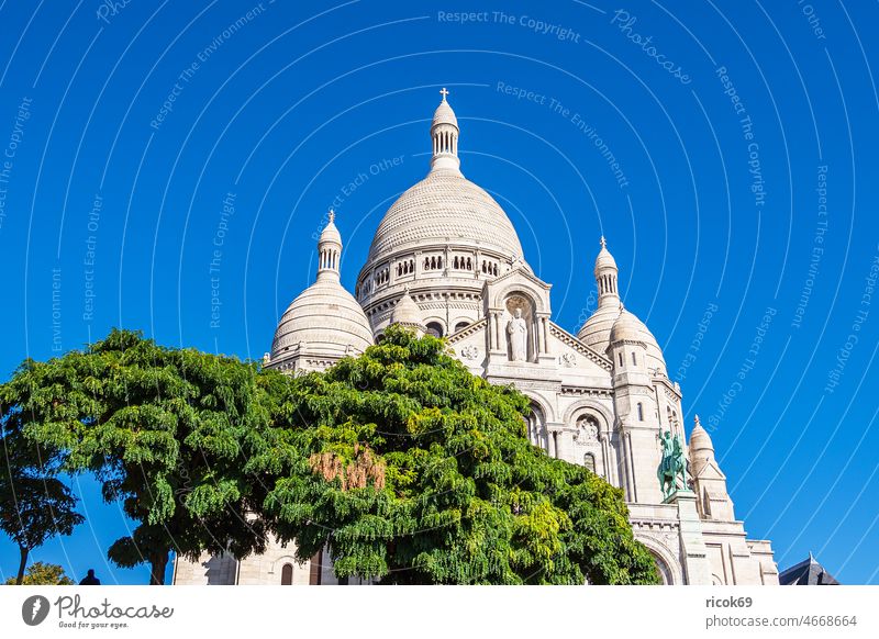 Blick auf die Basilika Sacre-Coeur in Paris, Frankreich Gebäude Architektur Stadt Sehenswürdigkeit Montmartre Baum historisch alt Reise Urlaub Reiseziel Himmel