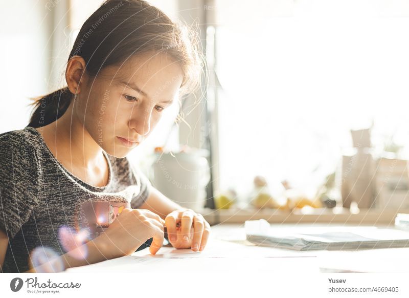 Teenager-Mädchen macht Hausaufgaben für die Schule. Porträt eines hübschen, konzentrierten Mädchens. Umgebung an einem sonnigen Tag. Seitenansicht. Hausunterricht. Soziale Distanzierung. Lebensstil. Weichzeichner