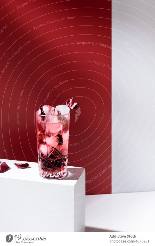 Cocktailglas mit Eiswürfeln im Studio Gin rosa Tonic Alkohol Getränk Schnaps Glas Aperitif Atelier Würfel Blütenblätter kalt trinken Erfrischung gefroren