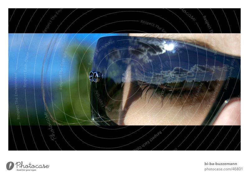 Sonnenbrille Reflexion & Spiegelung Verlauf Weinberg Wimpern Wolken Auge Himmel blau Detailaufnahme Gesicht escada