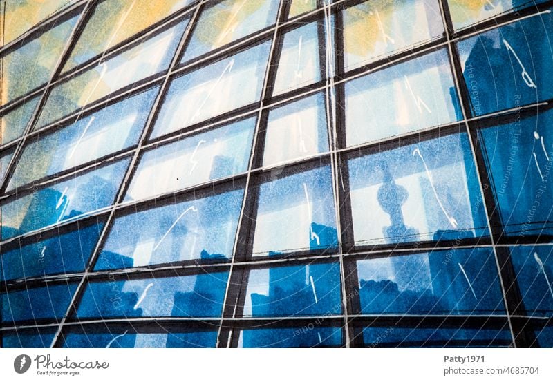 Abstrakte Architektur Skizze. Reflektierende Glasfassade eines Bürogebäudes aus der Froschperspektive. modern Fassade Zeichnung Fenster Reflexion & Spiegelung