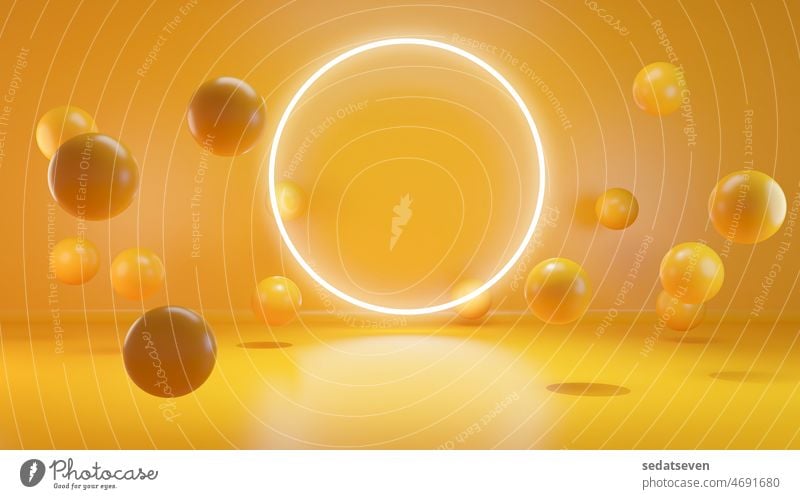 Konzept für einen Produktausstellungsbereich mit gelben Kugelformen und kreisförmigem Neonlicht 3D-Rendering Raum Attrappe Präsentation dekorativ kreativ Blasen