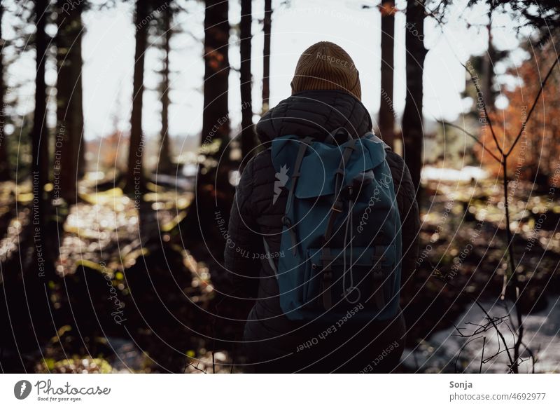 Eine Frau mit Rucksack steht in einem Wald. Rückansicht. Natur Mensch Ausflug Ferien & Urlaub & Reisen 50 plus Freizeit & Hobby wandern Erholung Erwachsene
