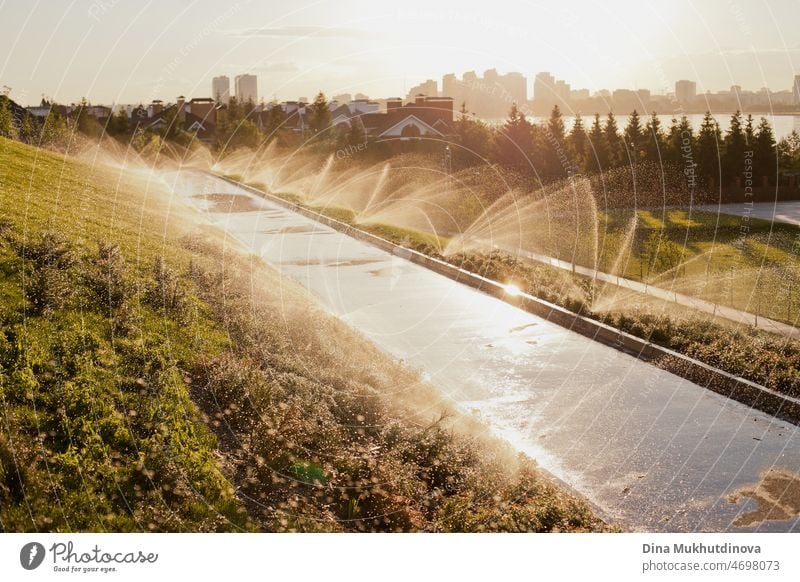 Automatische Wasserberieselungsanlage in der Stadt bei Sonnenuntergang im Sommer. Städtische Stadtlandschaft mit grünem Gras und Bäumen bei Sonnenaufgang oder Sonnenuntergang. Hitzewelle im Sommer und Bewältigung der Hitze in der Stadt. Abkühlung im Park oder auf der Straße.