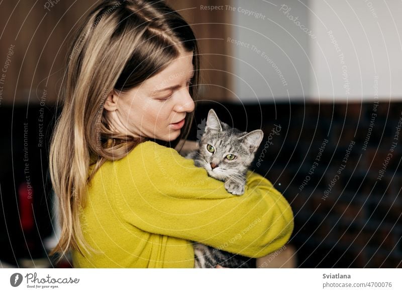 Junge Frau in Hauskleidung, die ihre Katze zu Hause umarmt Beteiligung Katzenbaby niedlich Mädchen Streicheln Stil Pflege Spaß Tier Haustier jung Glück Liebe
