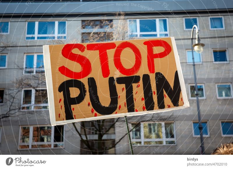 Schild mit der Aufschrift " Stop Putin "Demonstration gegen Putins blutigen Angriffskrieg in der Ukraine Ukrainekrieg Ächtung Protest Krieg Russland