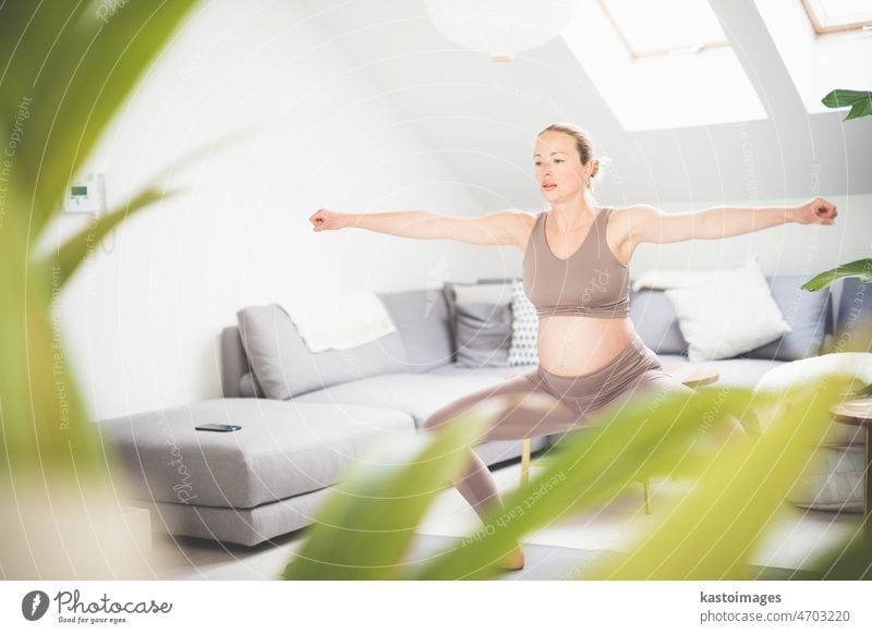 Junge schöne schwangere Frau Training Pilates zu Hause in ihrem Wohnzimmer. Gesunder Lebensstil und aktive Schwangerschaft und Mutterschaft Konzept. Yoga Baby