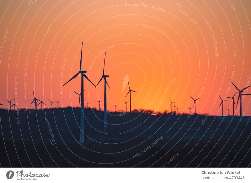 Die Silhouetten vieler Windkraftanlagen vor dem orange Abendhimmel kurz nach dem Sonnenuntergang Energiekrise Windenergie regenerativ Technik & Technologie