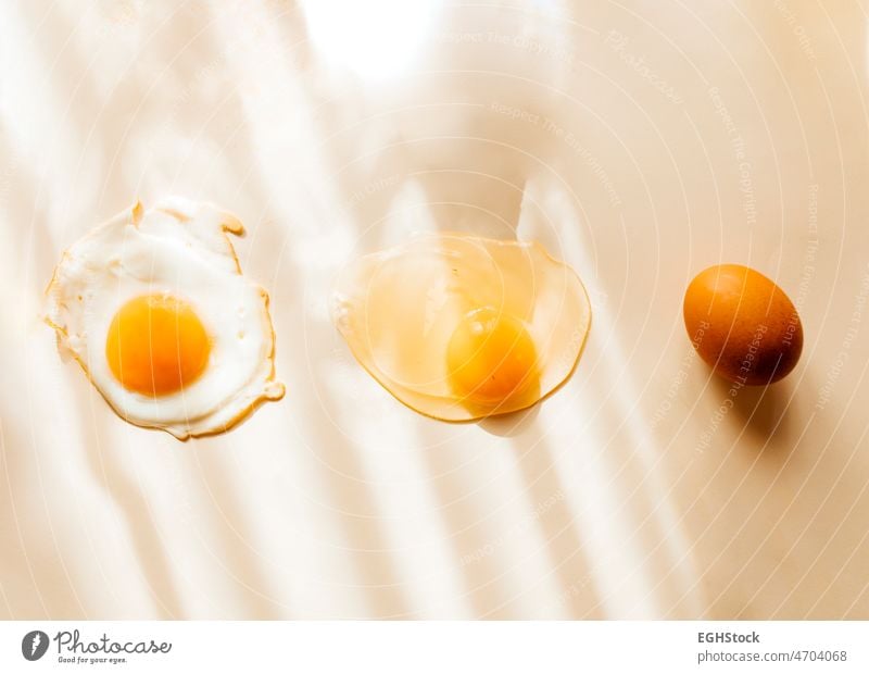 Rohes Ei, Spiegelei und Ei in der Schale roh gebraten Eierschale Muster präsentieren vergangen Zukunft Ernährung Cholesterin verbrannt Produkt zerbrechlich