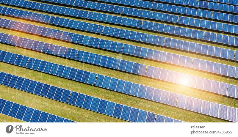 Luftaufnahme eines Solarmodulfeldes solar Feld Dröhnen alternativ Energie Industrie blau Photovoltaik Sonnenaufgang Sonnenlicht Sonnenkollektor Zelle Sauberkeit