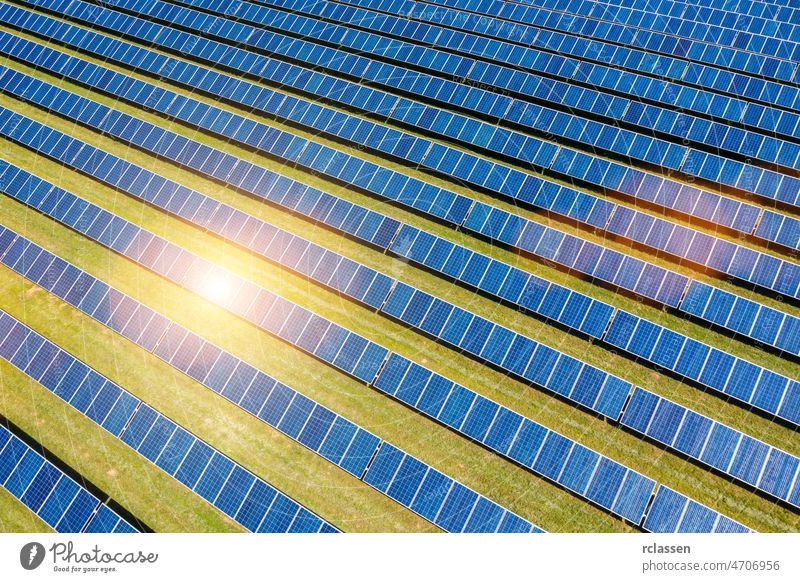 Luftaufnahme von Solarmodulen Feld, Photovoltaik, alternativer Strom solar Dröhnen Energie Industrie blau Sonnenaufgang Sonnenlicht Sonnenkollektor Zelle
