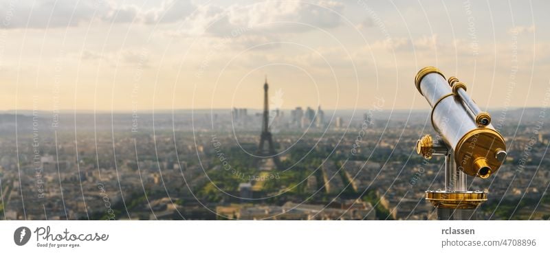 Teleskop auf der Spitze mit Blick auf den Eiffelturm und die Skyline von Paris Panorama Turm Wahrzeichen Sonnenuntergang Frankreich Stadtbild Antenne