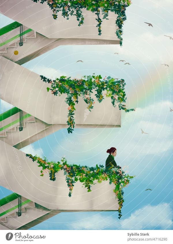 Umweltfreundlicheres Leben Regenbogen Hochhaus Treppe Balkon Blumen wachsend grün Blätter grüneres Verlassen Ökologie grüne Architektur Vögel Wolken Himmel