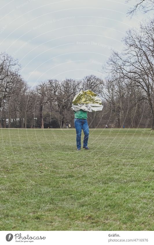 Vom Winde verweht laufen verheddert Außenaufnahme Freude Natur Farbfoto Tag Spielen Spaß haben windig Park Wiese Folie gold grün braun Glück Frau Fröhlichkeit