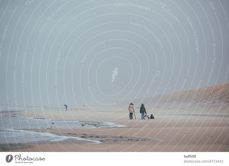 Menschen am weiten Strand bei stürmischen Wetter Brandung Dänemark Strandspaziergang Sturm Verwehung Weite Winter Wolken grau minimalismus sand Sand Meer Küste
