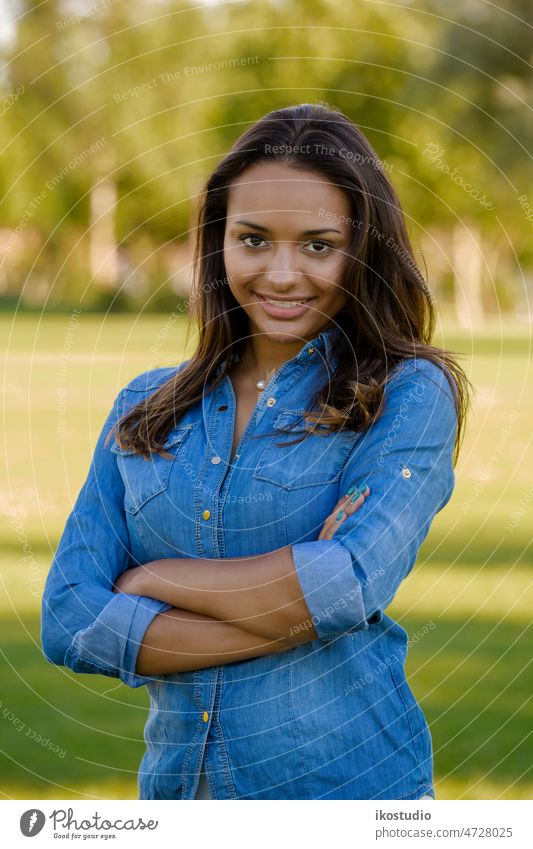 Schöne afroamerikanische Frau schön Glück Afrikanisch Park Gras Porträt im Freien Behaarung Wald sich[Akk] entspannen jung Amerikaner entspannend Stehen Lächeln