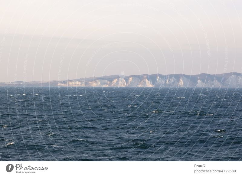 Kreidefelsen Urlaub Reise Schifffahrt Fähre Meer Ostsee Wellen Rügen Landschaft Sehenswürdigkeit Natur Küste Mecklenburg-Vorpommern Dunst Licht Sonnenlicht