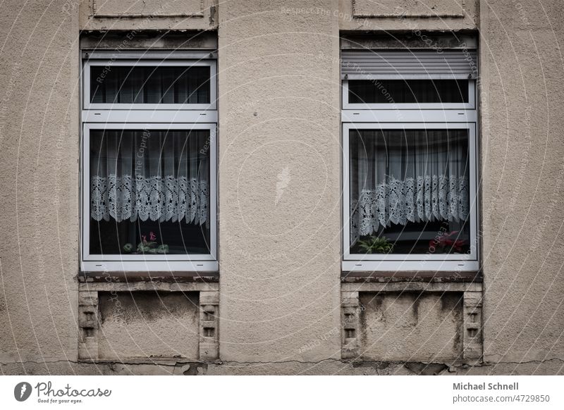 Zwei Fenster mit altmodischen Gardinen Haus altes haus altes Haus Architektur Gebäude Fassade Vergangenheit Vergänglichkeit Verfall Mauer