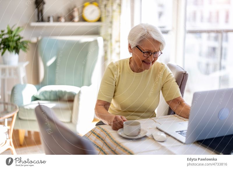 Ältere Frau benutzt Laptop zu Hause Brille allein häusliches Leben älter Oma Großmutter graue Haare heimwärts im Innenbereich Lifestyle reif alt eine Person