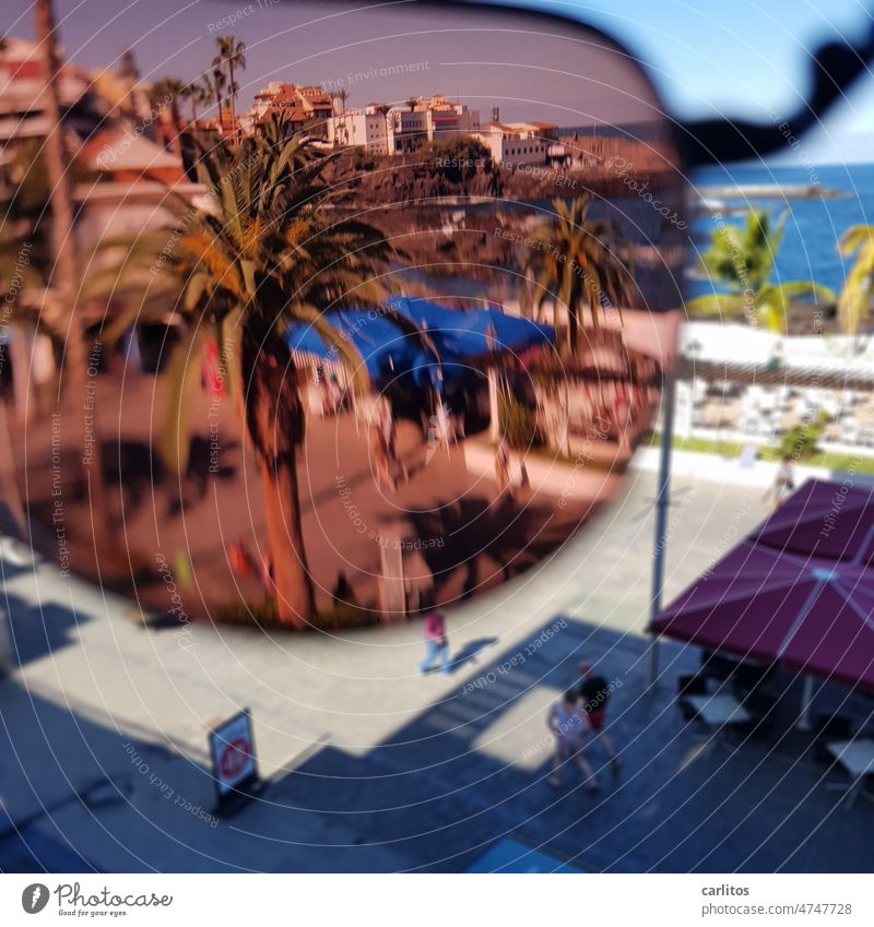 Durchblick | Zu tief durch's Glas geschaut Brille Sonnenbrille Gefiltert Getönt Palme Fußweg Fußgängerzone Promenade Stadt Meer Küste Kanaren Teneriffa Spanien