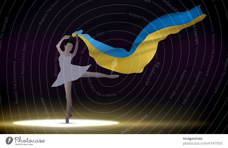 Ballerina auf dunklem Hintergrund. Ballett tanzende Ballerina-Frau mit ukrainischer Flagge auf Bühnenhintergrund. Patriotismus und Solidarität mit der Ukraine. Illustration