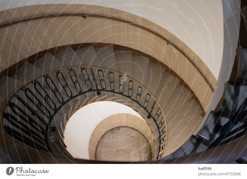 Wendeltreppe von oben in einem Treppenhaus Geländer Spirale ovalförmig Kurve Architektur architektonische Details Symmetrie minimalistisch Ordnung