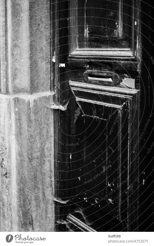 Alte Haustür mit Spinnweben in der Altstadt spinnenweben Altstadthaus Mauer Fassade trist beklemmend Tristess dystrophie dunkel melancholisch Stadtzentrum