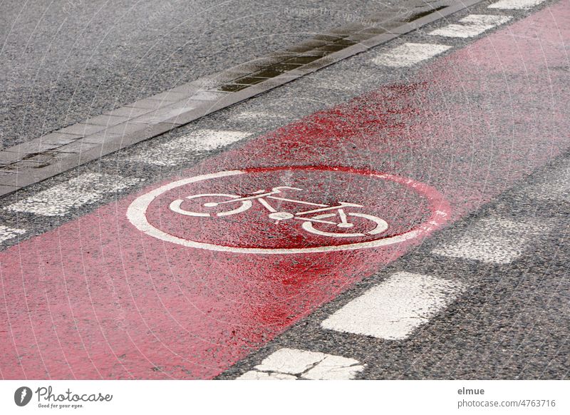 rot markierter, regennasser und mit einem weißen Fahrrad - Piktogramm versehener Fahrradweg über eine Straße / Gefahrenzone / Fahrbahnmarkierung Radweg