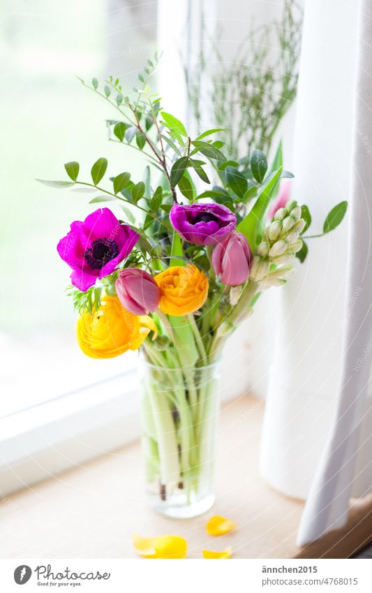 Ein bunter Frühlingsstrauss steht auf einer Fensterbank Dekoration & Verzierung Blumen Blumenstrauß Freude Stille Blüte fröhlich Innenaufnahme Farbfoto grün