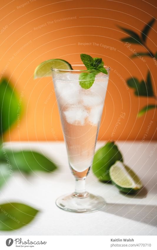 Tropischer Sommercocktail mit frischer Limette und Minze auf fett orangefarbenem Hintergrund Lebensmittel Cocktail sommerlich Kalk tropisch trinken