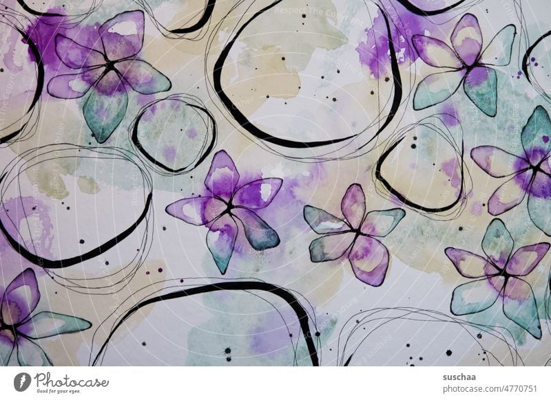 blütenähnlich gemaltes mit aquarellfarbe und stiften Blüten Zeichnung Gemälde Aquarellfarbe abstrakt Kreativität Farbe Kunst zeichnen Freizeit & Hobby Freude