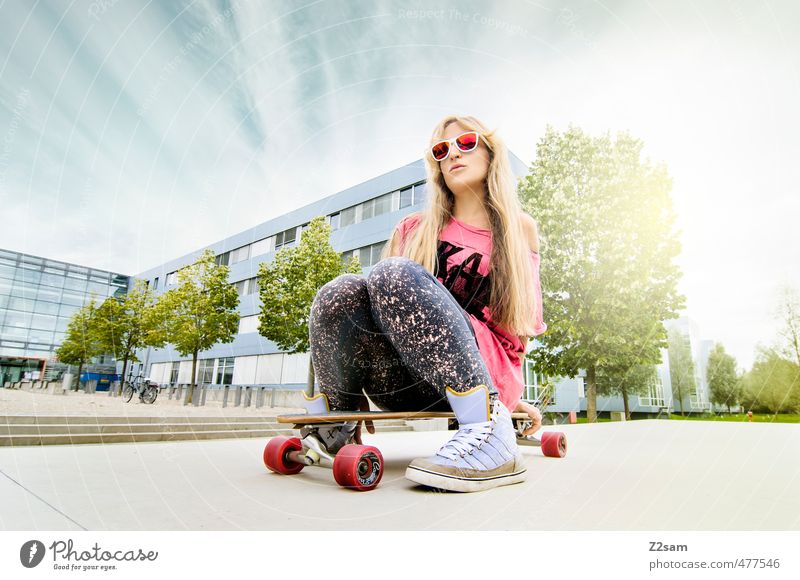 Bretter, die die Welt bedeuten! Lifestyle Stil Sport Skateboarding feminin Junge Frau Jugendliche 18-30 Jahre Erwachsene Himmel Sommer Schönes Wetter Baum
