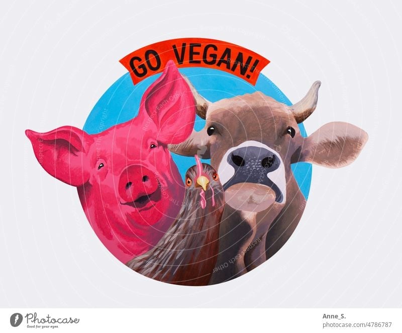 Go vegan: Schwein, Kuh und Huhn (Banner) Fleisch Veganer Veganismus Hähnchen Rind Tiere Vegetarische Ernährung veggie Essen Nutztier melken Eier Pflanzenbasiert