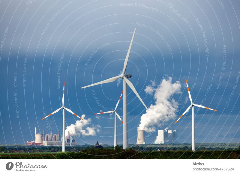 Windräder, Windkraftanlagen vor Braunkohlenkraftwerken in Nordrhein-westfalen Erneuerbare Energie Energiewirtschaft Kohlekraftwerke fossile Energie Klimawandel