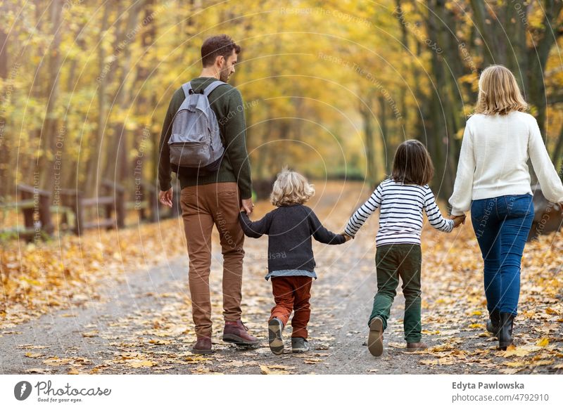Eltern mit Kindern bei einem Spaziergang im Park laufen rennen Blatt Natur Feld Herbst fallen Mann Papa Vater Frau Mutter Familie Verwandte Sohn Junge