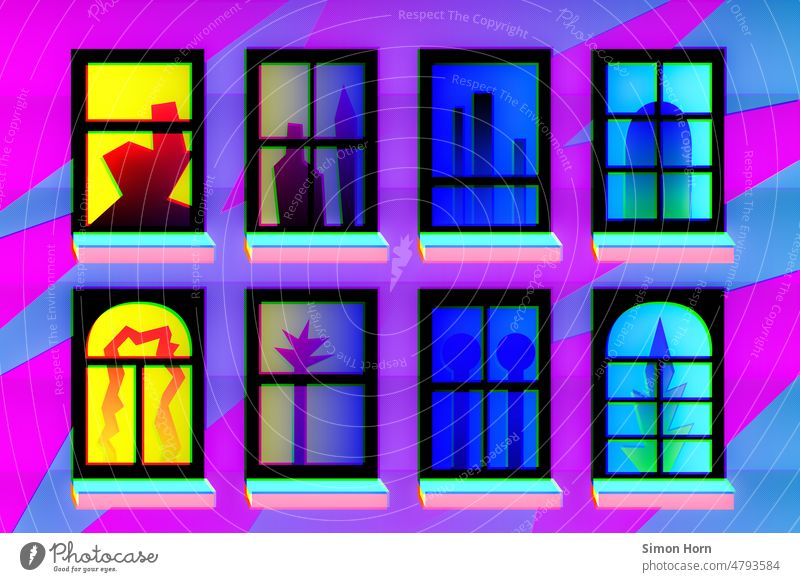 Illustration - Fenster Fassade abstrakt Viertel urban Grafik u. Illustration Häusliches Leben Haus Wohnung Architektur Wohnhaus Menschenleer trist