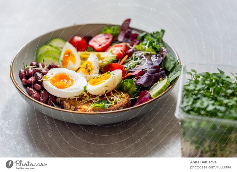 Mittelgroße gekochte Eier mit Sojasauce, gesundes Frühstück weichgekocht Diät Brot Eigelb mittleres gekochtes Ei Zuprosten Medium gekocht grüne Salatblätter