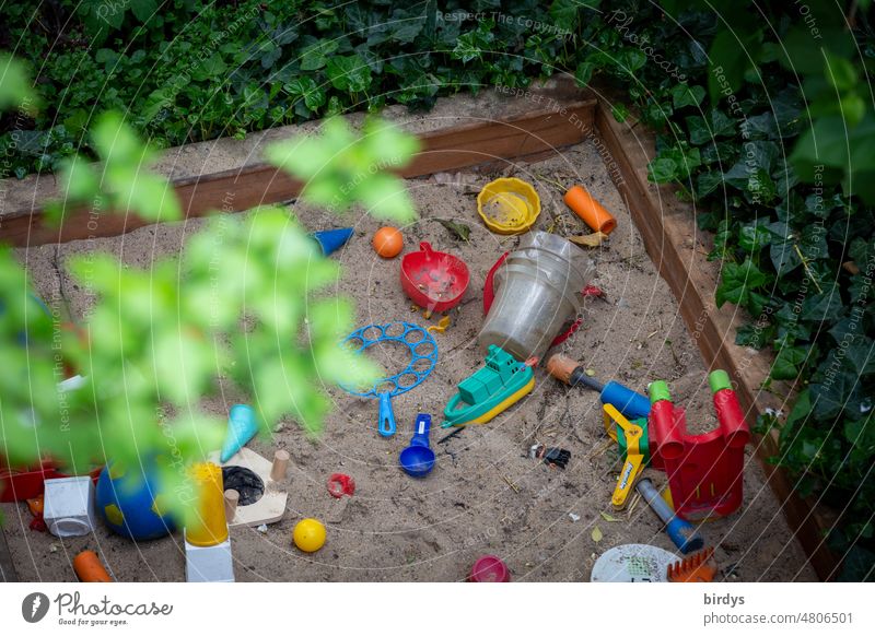 Ein Sandkasten umgeben von Grünpflanzen mit Kindern - Spielzeug im Garten aus schräger Vogelperspektive Kindheit Sandspielzeug Kinderspiel Spielen Knödel Eimer