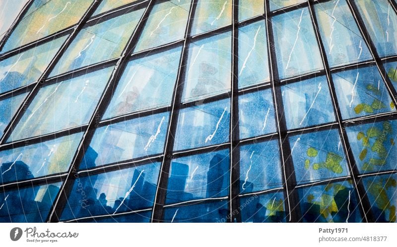 Abstrakte Architektur Skizze. Reflektierende Glasfassade eines Bürogebäudes aus der Froschperspektive. Reflexion & Spiegelung Fenster Fassade modern Gebäude