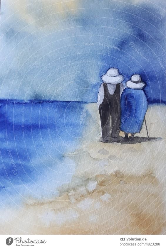 Aquarell - altes Ehepaar am Strand illustration Meer Paar gemeinsam Zusammensein Wetter Glück Zusammenhalt Partnerschaft Verliebtheit Vertrauen Liebe Liebespaar