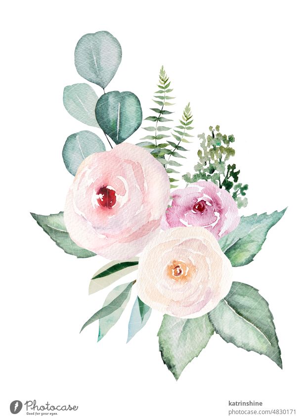 Aquarell hellrosa Blumen und grüne Blätter Bouquet, Pastell Anordnung Illustration botanisch Dekoration & Verzierung Zeichnung Element Garten handgezeichnet