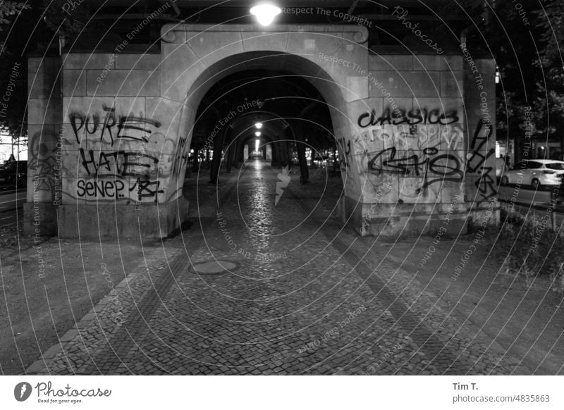 Nachts unter dem Viadukt Prenzlauer Berg Schönhauser Allee s/w Graffiti Berlin Hauptstadt Stadt Stadtzentrum Altstadt Außenaufnahme Menschenleer Bauwerk